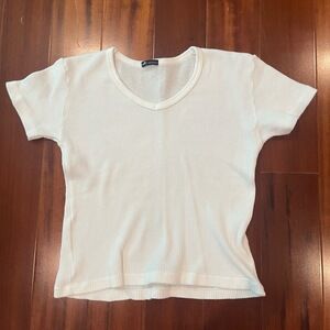 Brandy Melville White TShirt Tee Top V-Neck Waffle Knit Crop Casual Size OS XS S